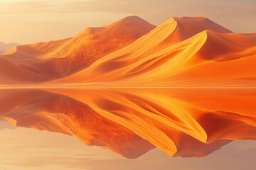 Aufkleber - Golden desert dunes reflected in a calm lake at sunset, creating a surreal and symmetrical landscape.