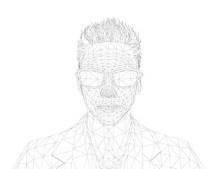 Poster - A man with a glasses is shown in a black and white illustration. The illustration is a digital drawing of a person, and the man is wearing a suit.