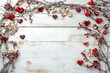 © raza - Romantic Valentine s Day frame with red hearts snowy branches and delicate flowers on rustic white wood background