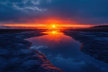 Poster - A vibrant sunset casts an orange glow over a tranquil landscape, reflecting in a calm body of water.