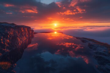 Poster - Vibrant sunset reflected in a still pool atop a cliff, overlooking a sea of clouds.