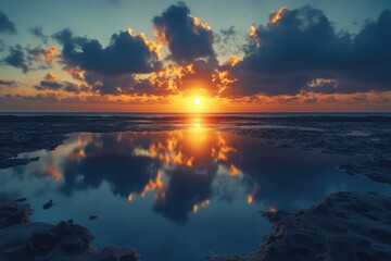 Poster - Stunning sunset over the ocean, reflected in a calm tidal pool, creating a breathtaking mirrored image.