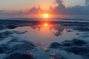 Poster - Stunning sunrise over the ocean, reflected in a tide pool on a rocky shore.