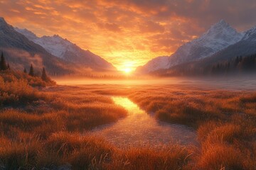 Poster - Breathtaking sunrise illuminates a serene mountain valley, painting the landscape in warm, golden hues.