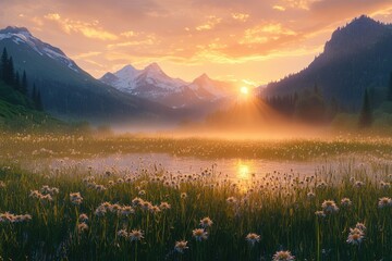 Poster - Serene sunrise paints a misty mountain meadow with wildflowers, reflecting golden light on calm waters.