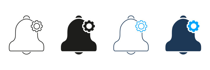 Poster - Notification Bell With Gear Line And Solid Icon Set. Alert Settings, Customization, And Configuration Silhouette Symbol Collection. Manage Notifications And Preferences. Isolated Vector Illustration