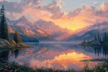 Poster - Serene sunset over a tranquil mountain lake, reflecting the fiery sky and majestic peaks.