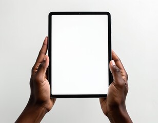 Poster - Black hands hold tablet pro device against white background. Digital tech, blank screen for app, web design. Portable smart device, communication, modern design, tech usage, online interaction,