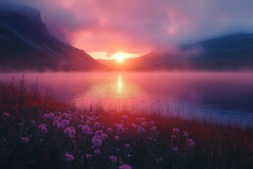Aufkleber - Serene sunset over a misty lake, surrounded by mountains and wildflowers.