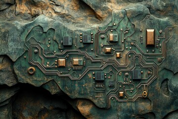 Poster - A circuit board design embedded in a rugged, textured stone surface, blending technology and nature.