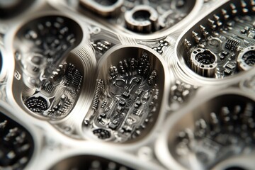 Leinwandbilder - Intricate metallic surface with circuit-like patterns resembling interconnected brains.