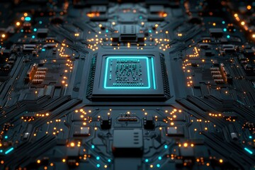 Leinwandbilder - Close-up view of a central processing unit (CPU) on a circuit board, showcasing intricate electronic components and glowing lights.