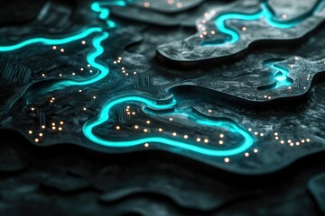 Poster - Abstract 3D render of a dark, textured surface with glowing teal circuit lines, resembling a futuristic technological landscape.