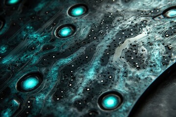 Poster - Close-up of a futuristic, dark teal metallic surface with glowing teal circular elements and intricate circuitry patterns.