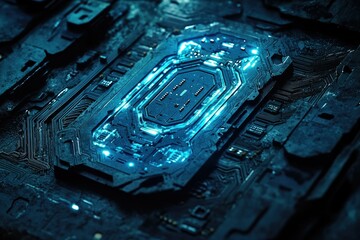 Leinwandbilder - Close-up of a futuristic, glowing blue circuit board, showcasing intricate technological details.