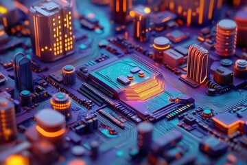 Poster - A stylized 3D rendering of a circuit board, resembling a futuristic city, showcasing intricate electronic components and pathways.