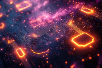 Poster - Abstract close-up of a circuit board with glowing orange lines, depicting technological advancement.