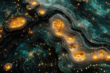 Aufkleber - Abstract cosmic landscape with swirling nebulae and glowing golden clusters, resembling a vibrant celestial body.