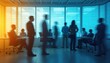 © Viktor - Blurred silhouettes of office employees in modern workspace with blue, yellow lighting. Teamwork, corporate culture with business dynamics. Business people collaboration during work, meetings at