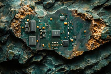 Fototapete - Circuit board embedded in dark green stone, showcasing technological integration with nature.