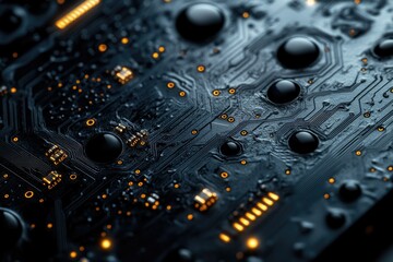Leinwandbilder - Close-up of a dark, textured circuit board with glowing components, showcasing intricate details of electronic circuitry.