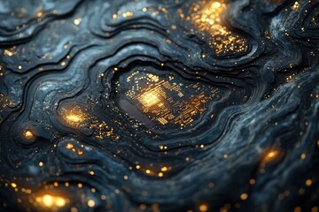 Leinwandbilder - Abstract digital landscape with glowing circuit board embedded in a dark, wavy terrain.