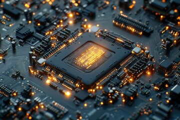 Leinwandbilder - Close-up of a computer motherboard with a central processing unit glowing, showcasing intricate circuitry.