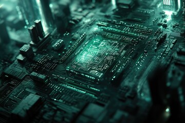 Aufkleber - Close-up of a circuit board with glowing green microchip, showcasing intricate technological detail.