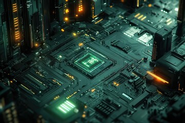 Poster - A futuristic close-up of a circuit board, showcasing intricate technological details and glowing components.