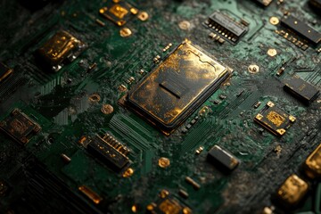 Poster - Close-up of a dusty, aged circuit board with a gold-toned processor, showcasing technological decay.