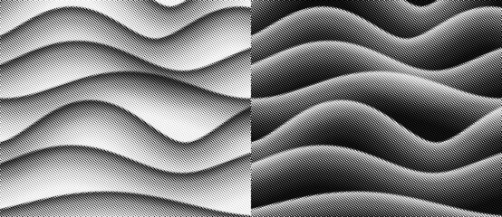 Poster - Abstract halftone dotted wave background. Black dots on a white background and the same white dots on the black side.