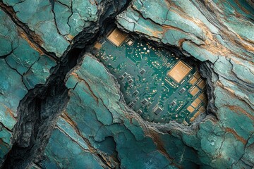 Poster - A circuit board nestled within a cracked, teal-colored rock, symbolizing the connection between technology and nature.