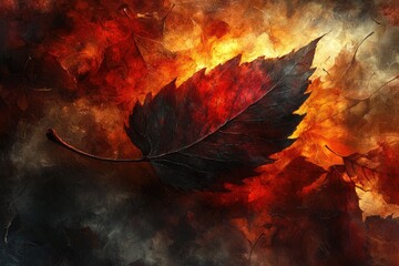 Poster - A single dark leaf contrasts against a fiery backdrop of autumn leaves, creating a dramatic and textured artwork.