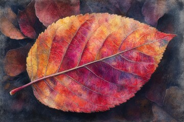 Poster - A vibrant watercolor painting of a single autumn leaf showcasing rich reds, oranges, and purples against a dark background.