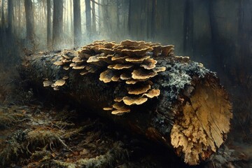 Poster - Cluster of golden mushrooms thriving on a decaying log in a misty forest.