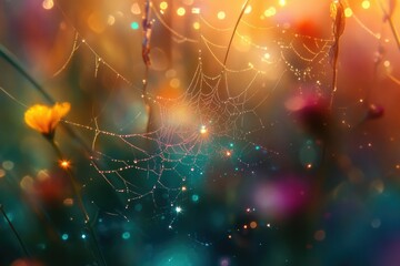 Poster - A dewy spiderweb glistening in the magical, colorful bokeh of a sunrise or sunset.