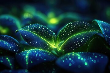 Aufkleber - Glowing blue and green leaves with water droplets, a vibrant closeup showcasing nature's beauty.