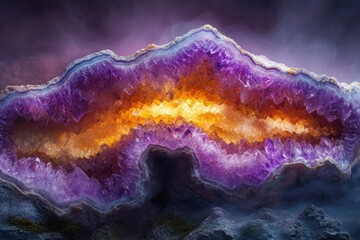 Poster - A mesmerizing amethyst geode with vibrant purple and orange crystals, showcasing nature's stunning artistry.