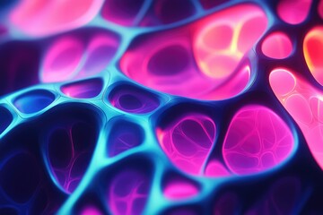 Poster - Abstract 3D render of a vibrant, interconnected network of glowing pink and blue cells.