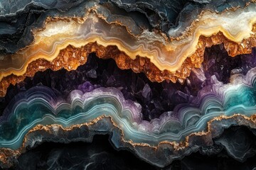 Aufkleber - Stunning agate geode reveals layers of amethyst, orange calcite, and teal chalcedony crystals.
