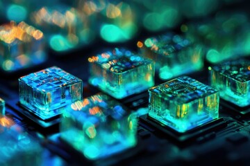 Aufkleber - Close-up of illuminated transparent cubic microchips, showcasing intricate internal circuitry.