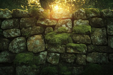 Poster - Sunlit moss-covered stone wall in a tranquil forest setting, evoking peace and serenity.