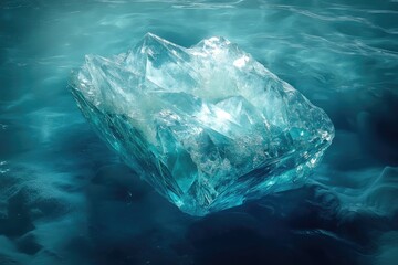 Poster - A large, translucent chunk of ice floats in teal water, showcasing intricate crystalline structures.