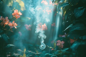 Poster - ethereal smoke ring drifts through a sunlit garden, amidst vibrant pink flowers and lush green folia