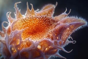 Poster - Close-up of a sunflower's intricate seed head, showcasing its texture and vibrant color.