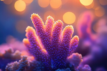 Poster - Vibrant purple and orange coral polyps under warm, soft lighting, a mesmerizing underwater scene.