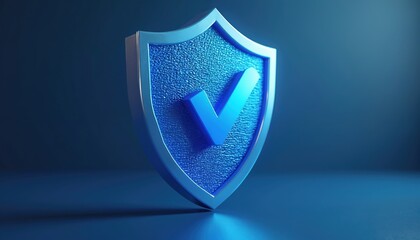 Poster - Blue shield with check mark. Symbol of security trust. Modern design of protection, verification, safety. Emblem represents success. Graphic for digital tech, internet.