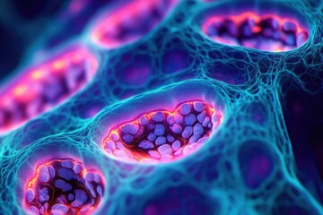 Leinwandbilder - Microscopic view of vibrant cells, possibly depicting a biological structure or process.