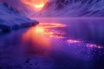 Aufkleber - Magical winter sunset reflected on a still lake, surrounded by snow-covered mountains.