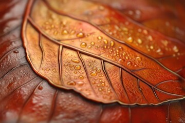 Poster - Close-up of two autumn leaves with water droplets, showcasing rich, warm colors and intricate textures.